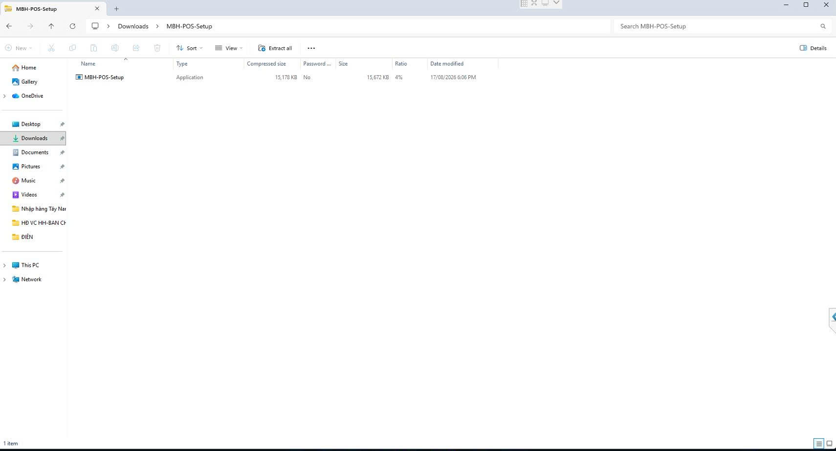 Bên trong file nén MBH-POS-Setup.zip có file MBH-POS-Setup dạng Application và nút Extract all