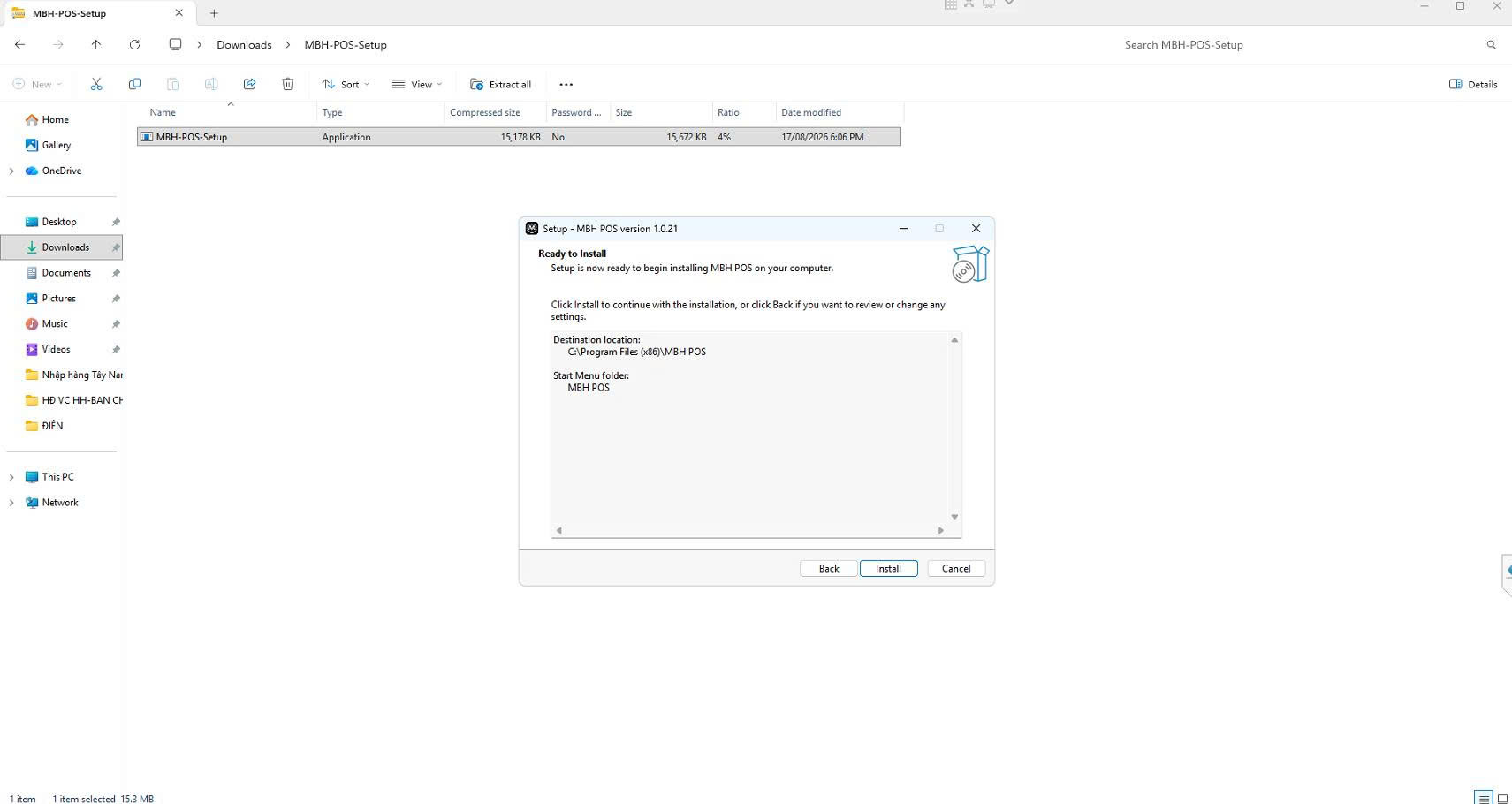 Màn hình Ready to Install tóm tắt thư mục cài đặt và thư mục Start Menu của MBH POS