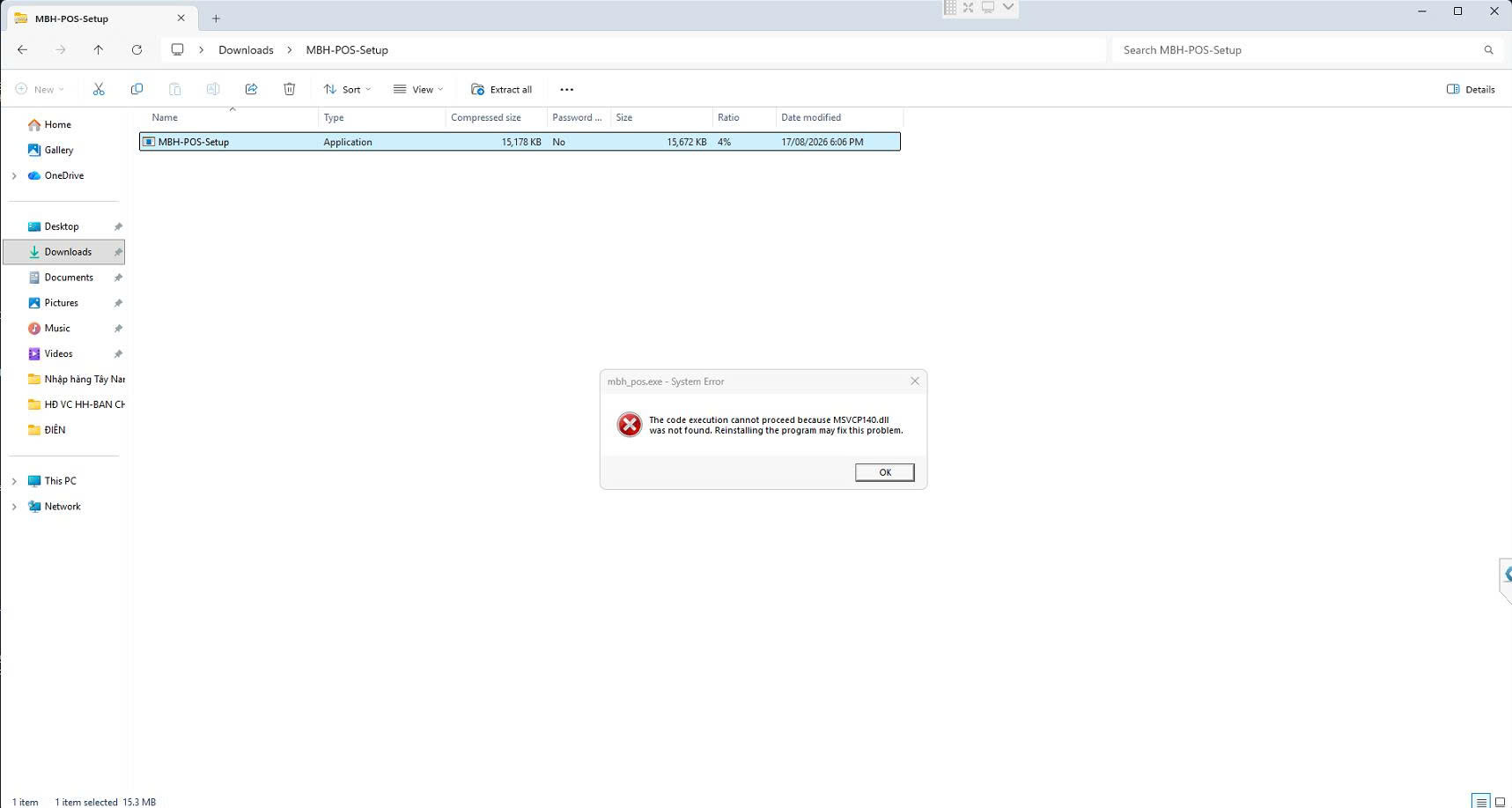 Hộp thoại mbh_pos.exe - System Error báo không tìm thấy MSVCP140.dll