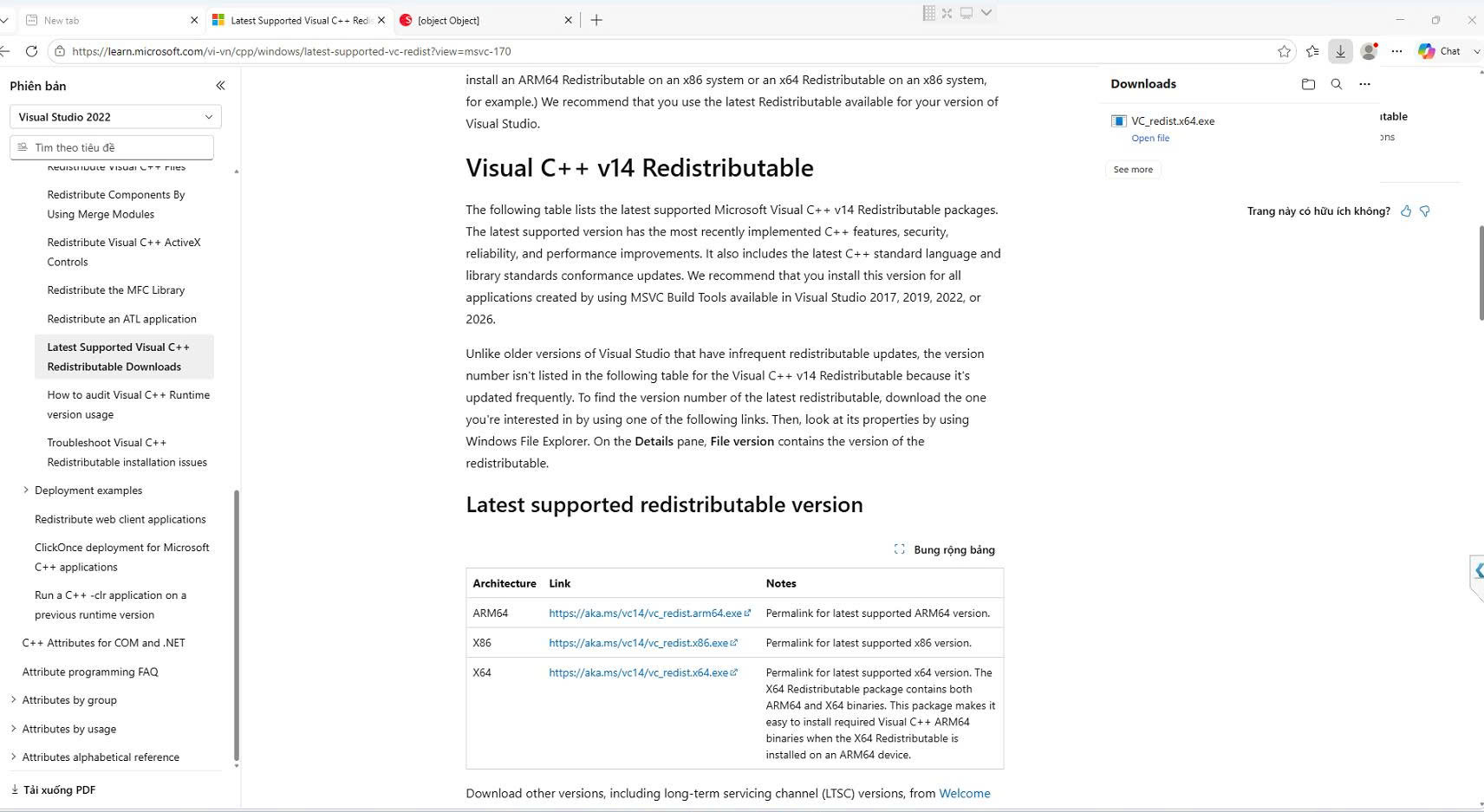 Trang Microsoft Learn liệt kê link tải Visual C++ Redistributable cho ARM64, X86 và X64